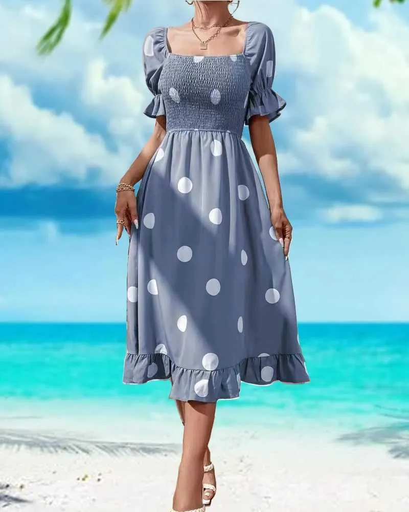 princess polly baby blue dress Dream Sister Jane puff sleeve ruffle maxi dress in pale blue polka dot