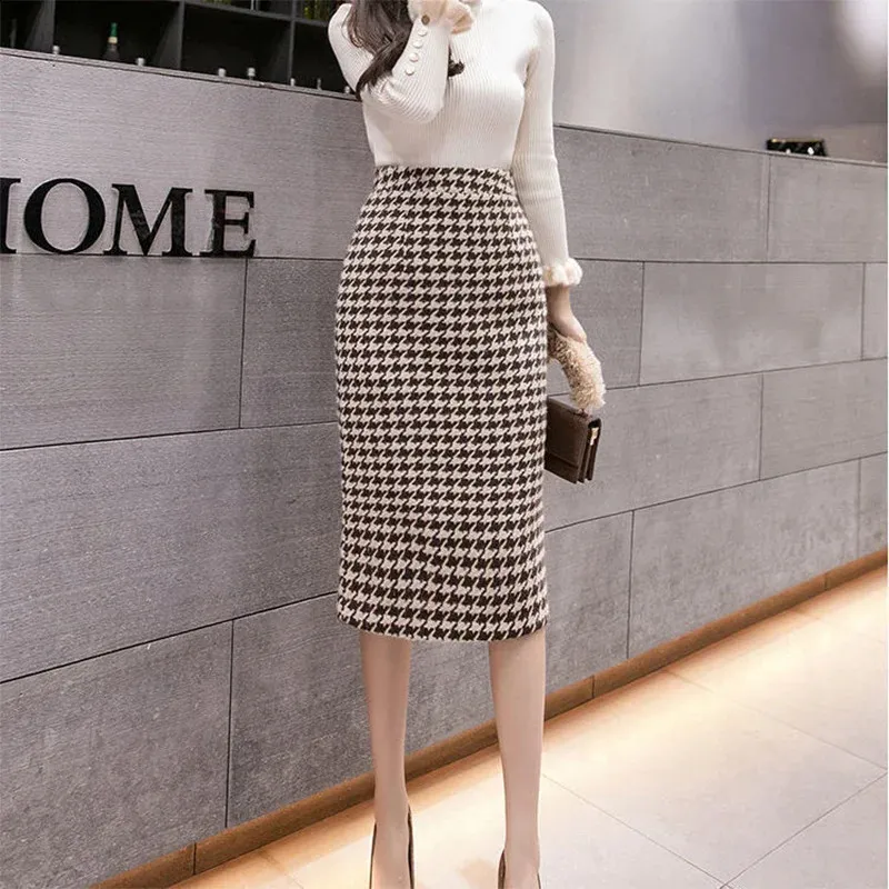 Elegant High Waist Pencil Skirt - Houndstooth Print, Perfect