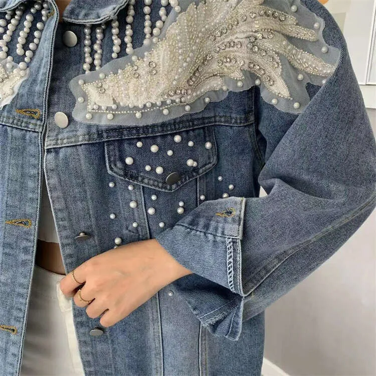 DHgate.com:Womens Denim Jacket with Pearl Detail - Blue Lace