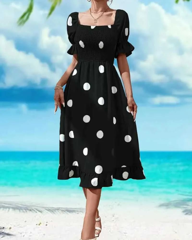 Women's Polka Dot Slim Fit Dress with Ruffled Boat Show Collar and Calf.