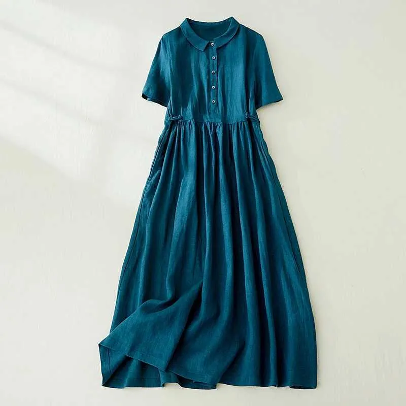 Vintage Solid Color Cotton Short Sleeve Short Sleeve Midi Dress for Women - Elegant Summer Casual and Holiday Robe (V185 M240924)