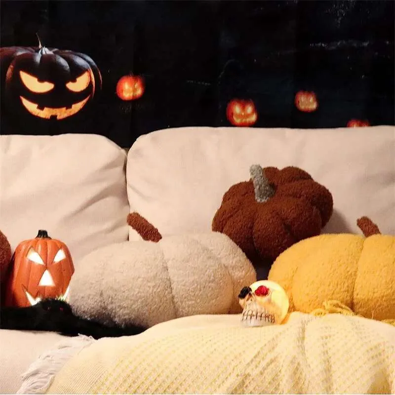 3D Fluffy Pumpkin Plush Pillow - Soft Halloween & Thanksgiving Decor (7.87 Inch, Beige)