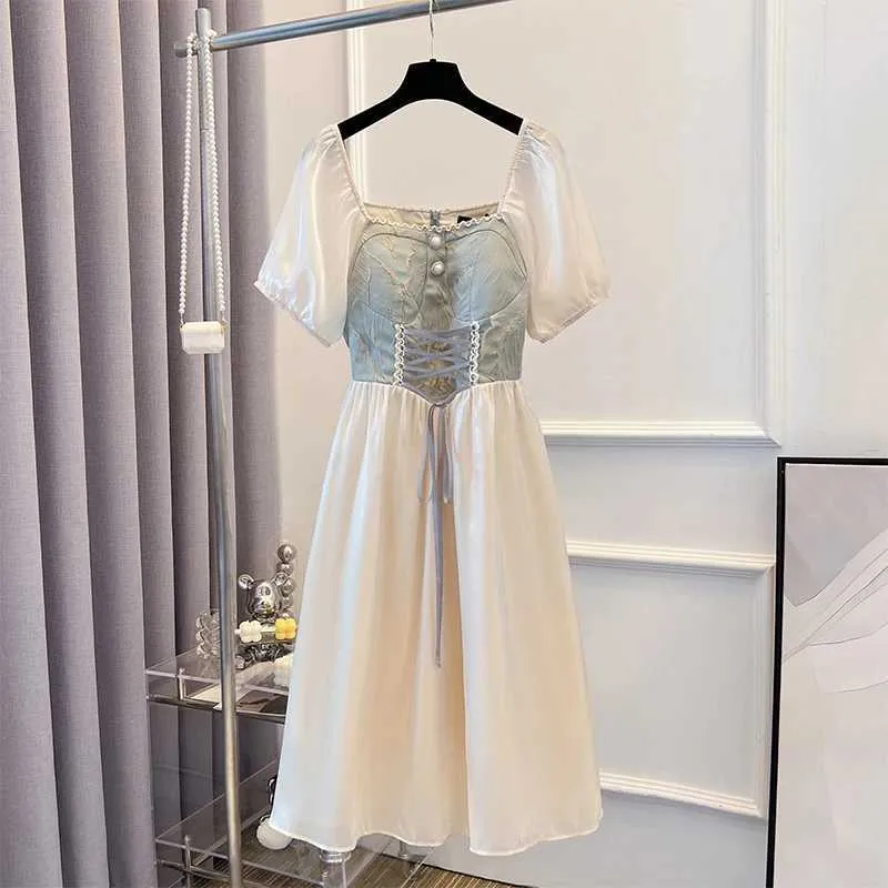 Plus-Size Womens Summer Casual Dress Lace Up Waist Design Pearl Trim Line Neck Party Dress Apricot Polyester Fabric Fairy Dress M240924