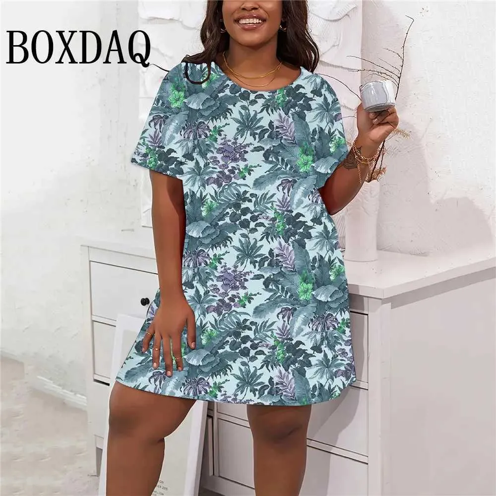 Summer Plant Chafa Flower 3D Printed Vintage Dress for Women - Casual Style with Round Neck and Short Sleeves - Plus Size 9XL (M240924)