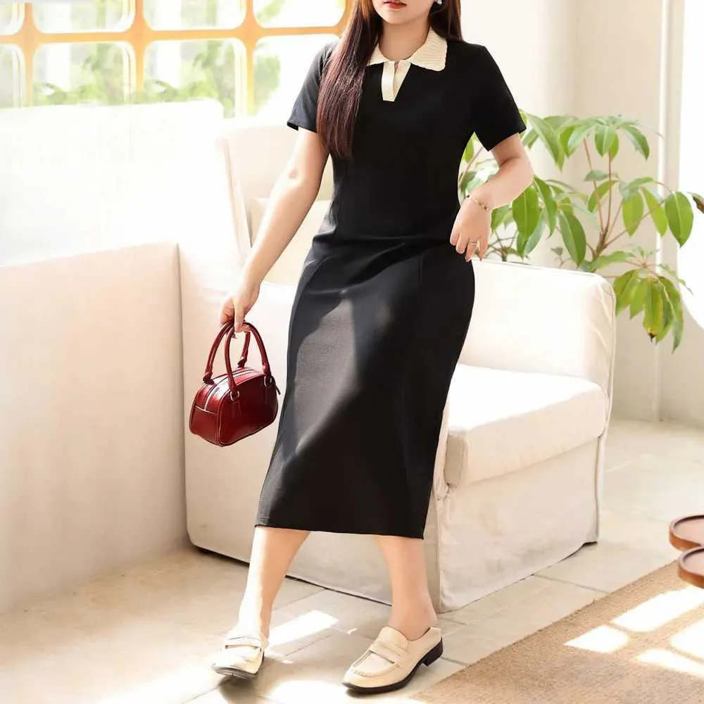 Classic Black Woven Polo Collar A-Line peter pan Collar dress for Women - Short Sleeve, Block Color, High-Quality, Plus Size - Perfect for Spring and