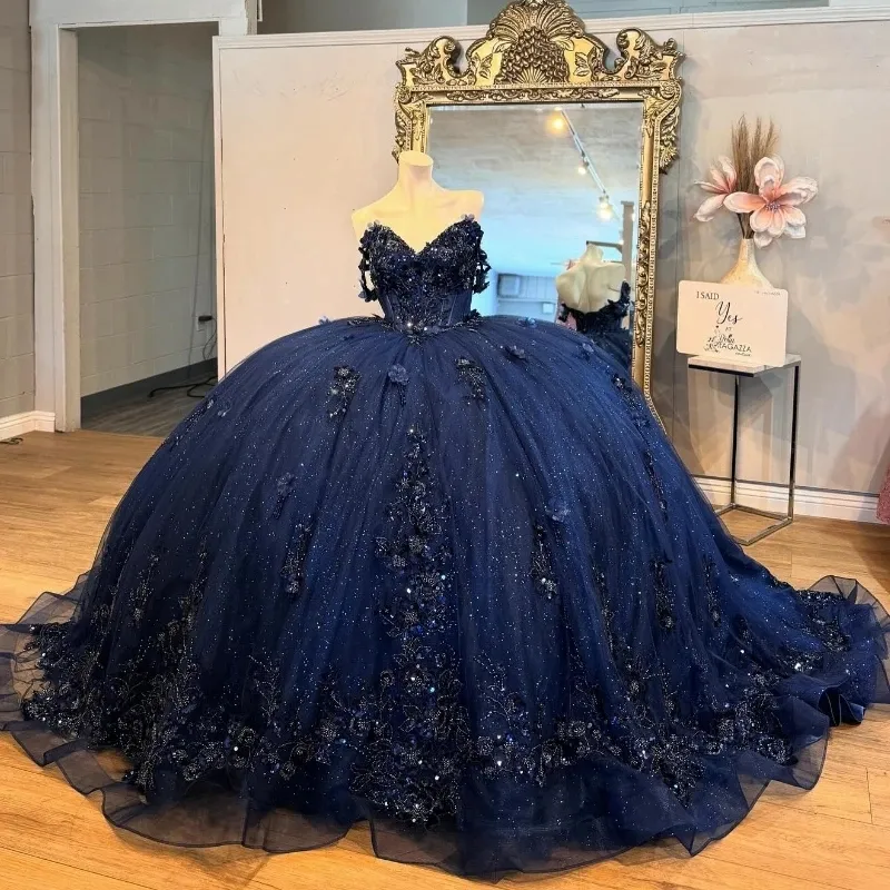 Navy Blue Quinceanera Ball Gown Dress Off-Shoulder Sweet 15
