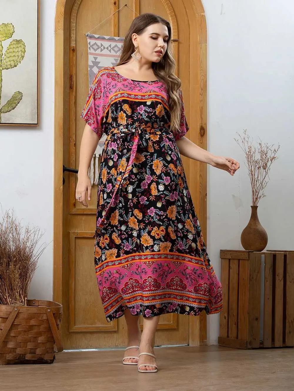 Plus Size Floral Print O-Neck Belted Velvet Dress Women Floor