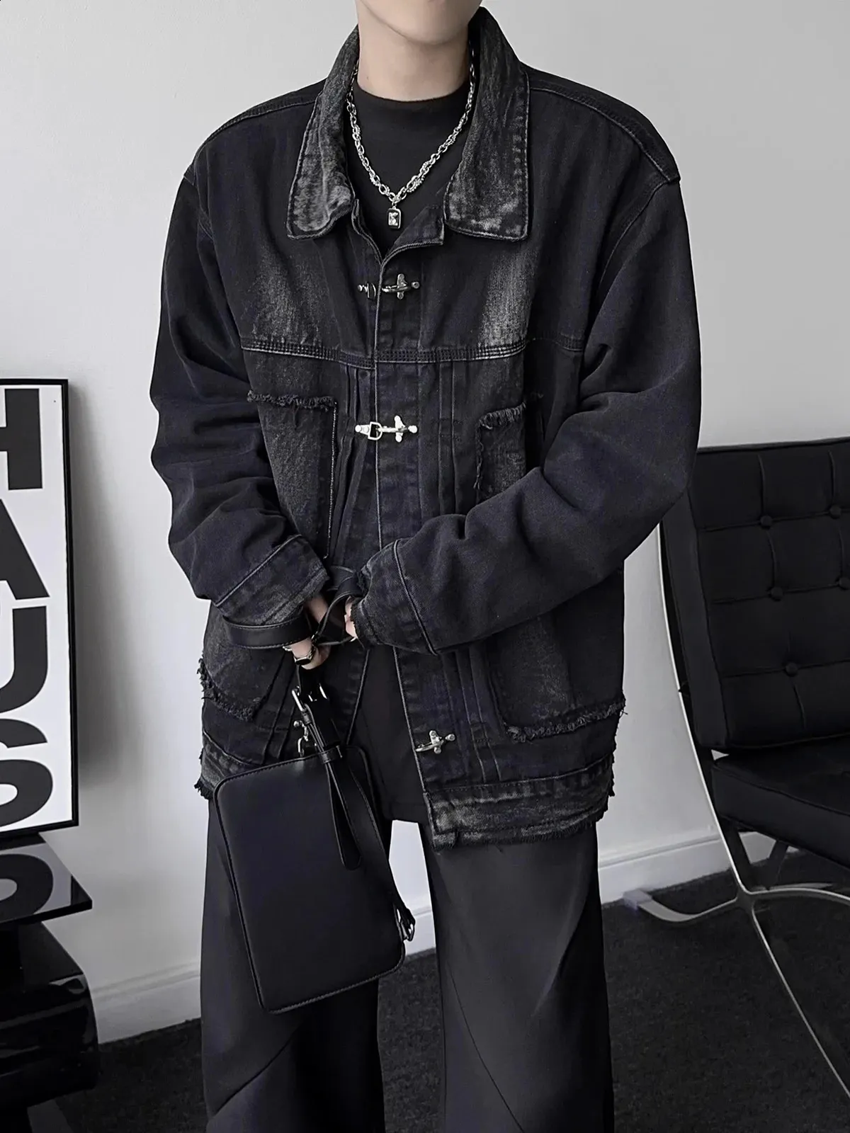 Oversized Denim Bomber Jacket - 90s Style, Black Distressed