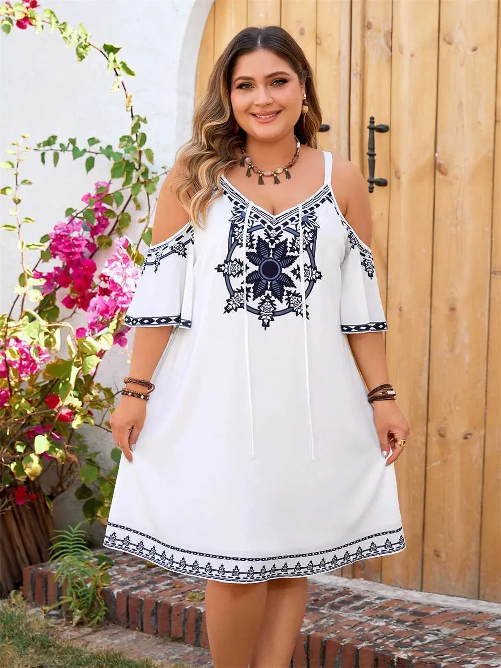 blue dress for baby girl Plus Size Boho Bubble Sleeves Lace A-Line Outdoor Wedding Dress main image 1