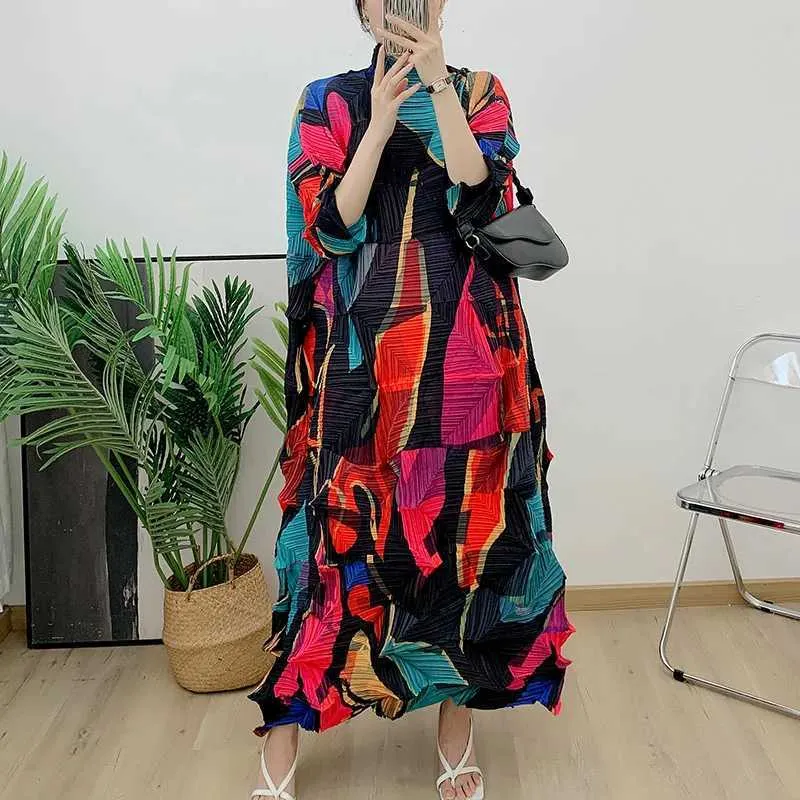print pleated loose dress A-Line Loose Flower Print Pleated V-Neck Midi Dresses