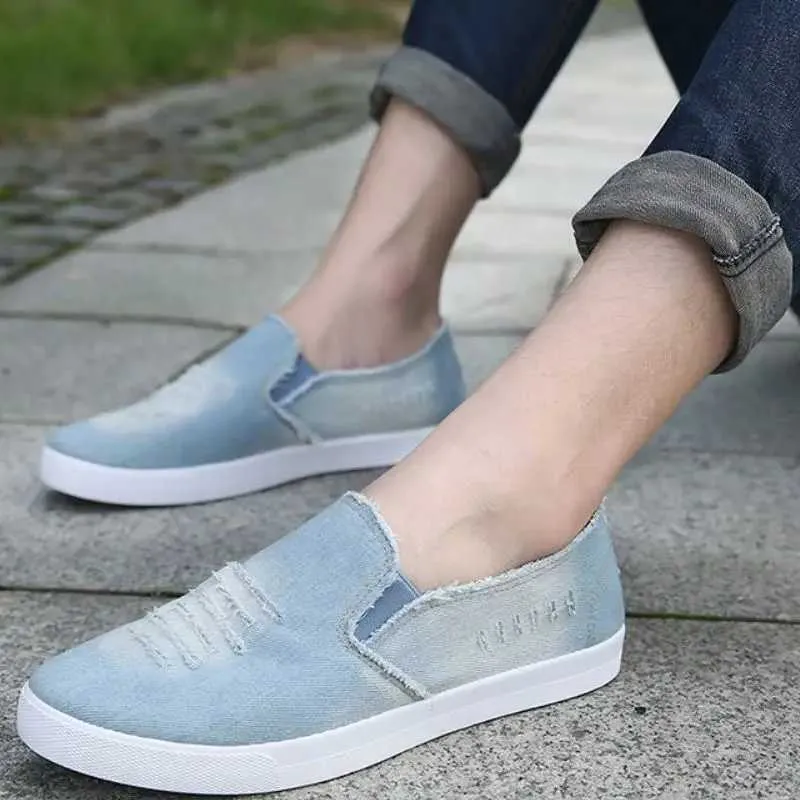Summer Mens Ripped Canvas Sneakers: Lightweight Denim Pedal Shoes