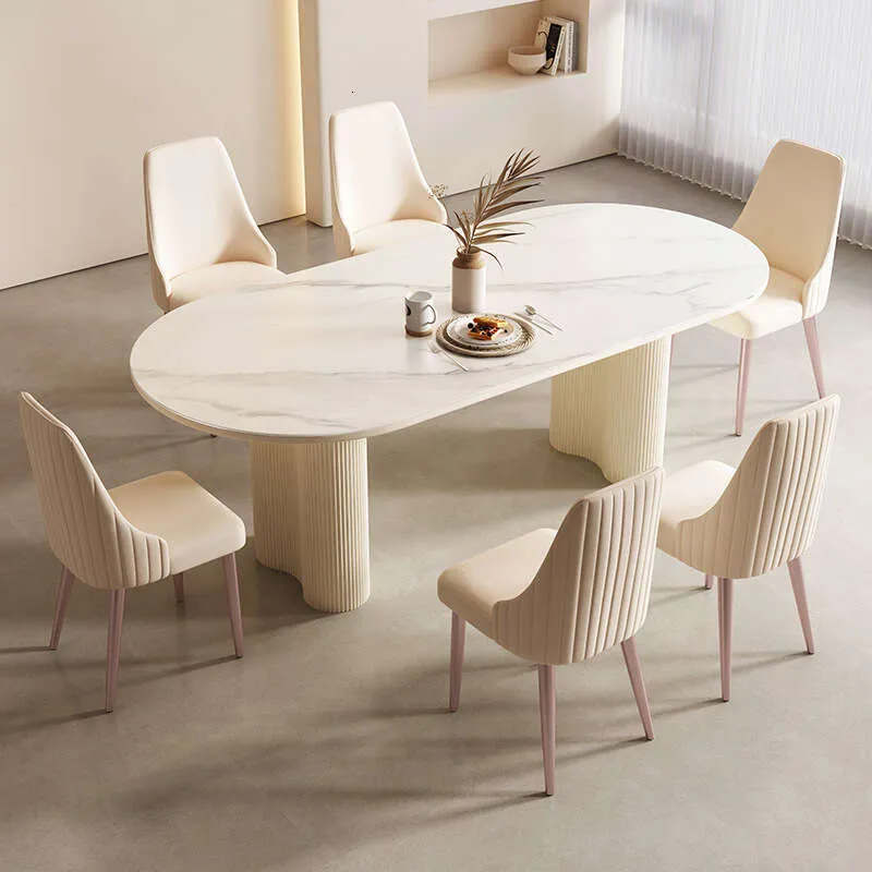 Cream White Oval Sintered Stone Dining Set Chairs, Nordic