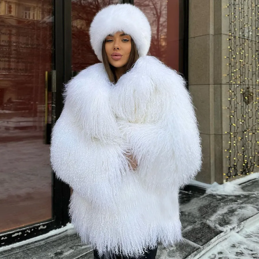 Women's White Mongolian Sheepskin Fur Jacket with Turn-Down Collar