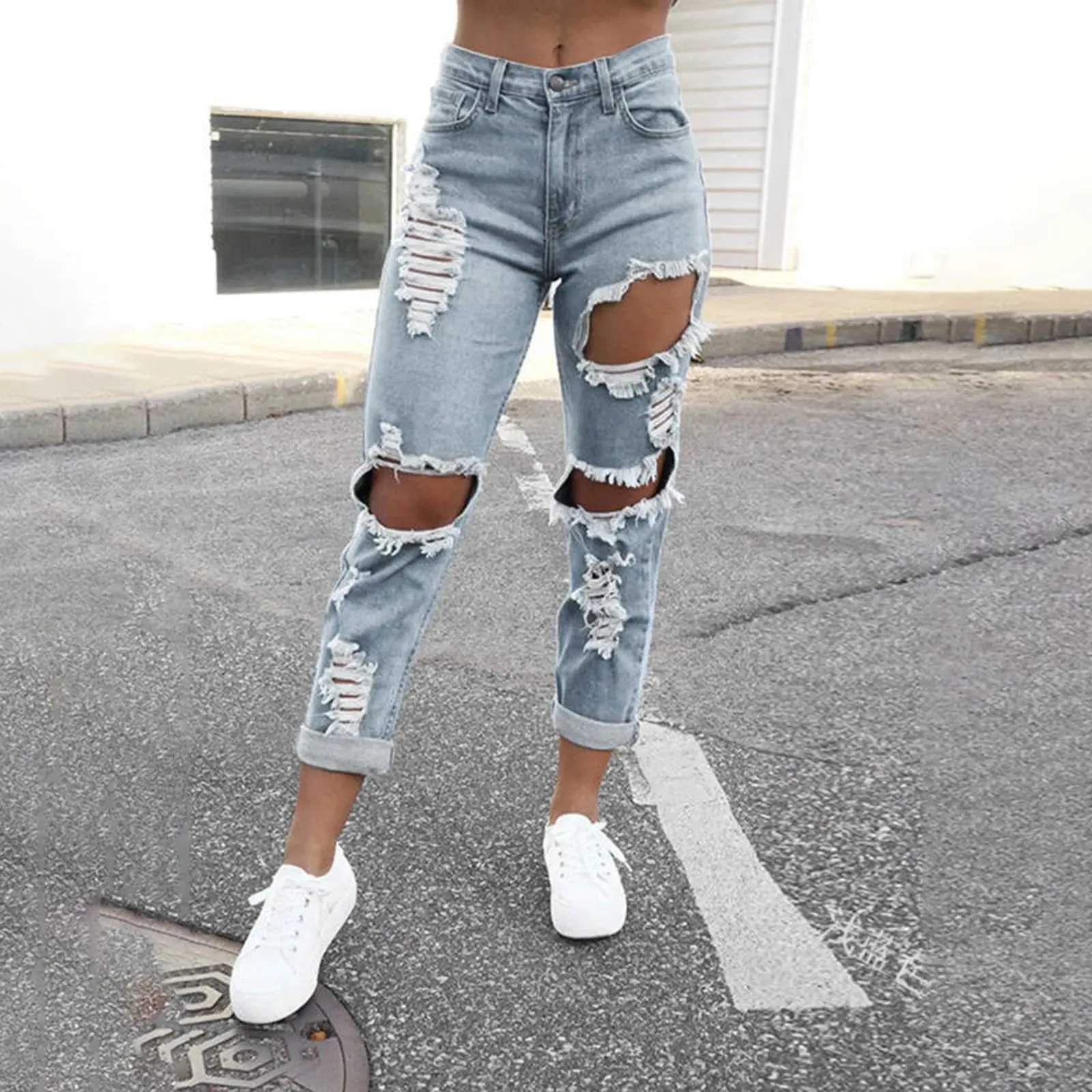 High-Waisted Ripped Butt Jeans: Street Style Denim Pants with