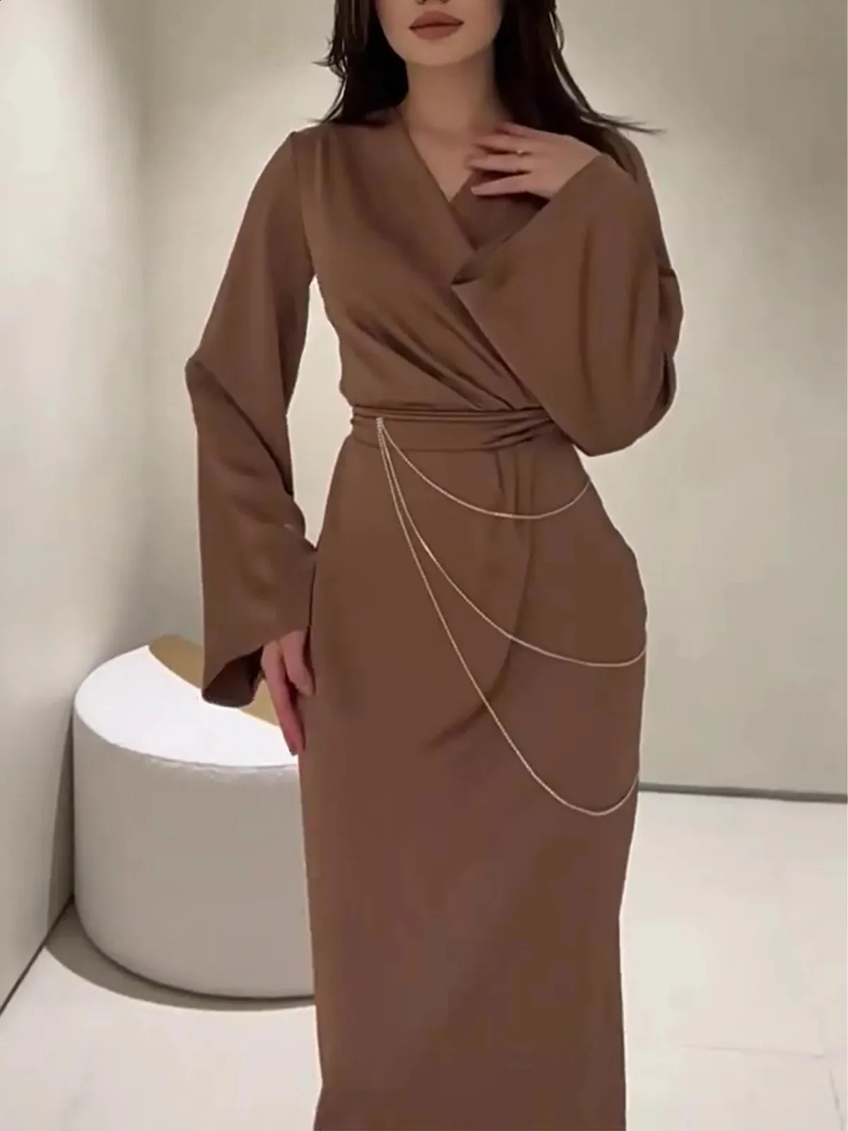 Laxsesu Bodycon Long Satin Dress Floor-Length V Neck Lace-up Chain Brown  Dress for Women from Dhgate Urban Sexy Dresses - price 87.72
