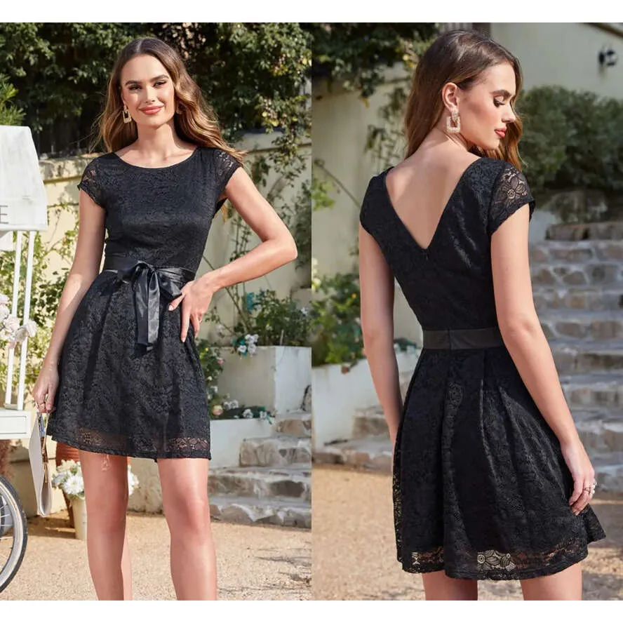 Black Lace Tail Mini Black Wedding Guest Dress With Sash And Cap Sleeves  Designer Homecoming Prom Gown CPS627 LZ0304 From Bestoffers, $34.04 |  DHgate.Com