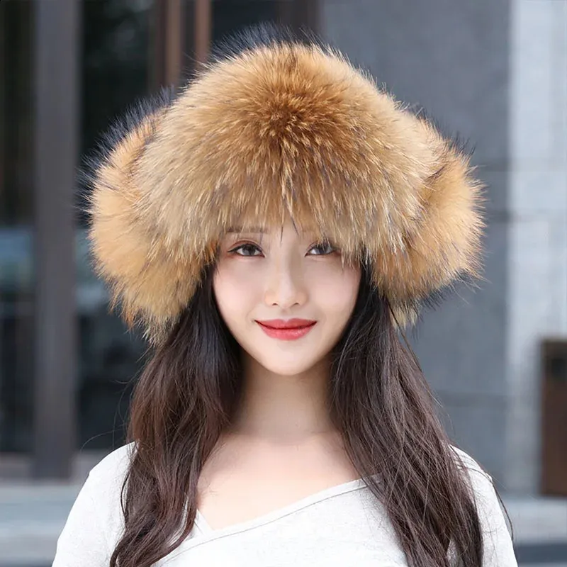 Women Real Raccoon Fur Hat Russan Wnter Warmer Ear Cap Ushanka