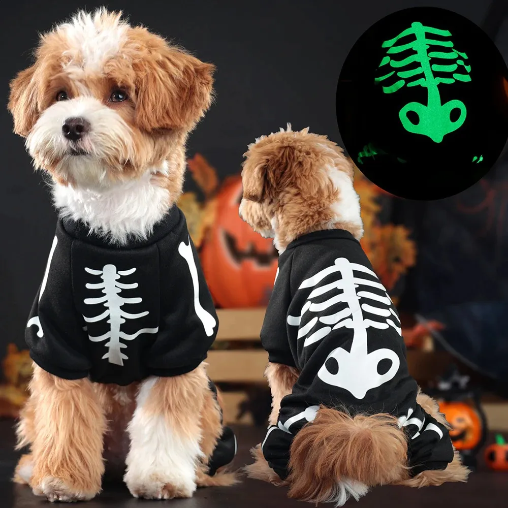 Skeleton Dog Costume, Halloween Pet Sweater, 4-Leg Puppy Cosplay