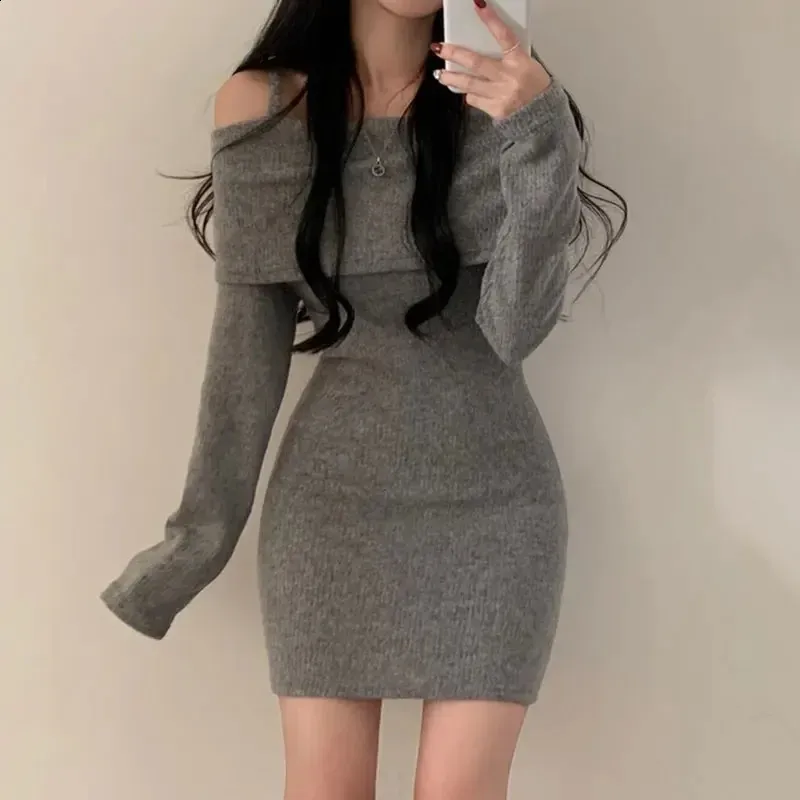 chinese dress ladies Grey Bodycon Dress Long Sleeve High Neck Rib main image 0