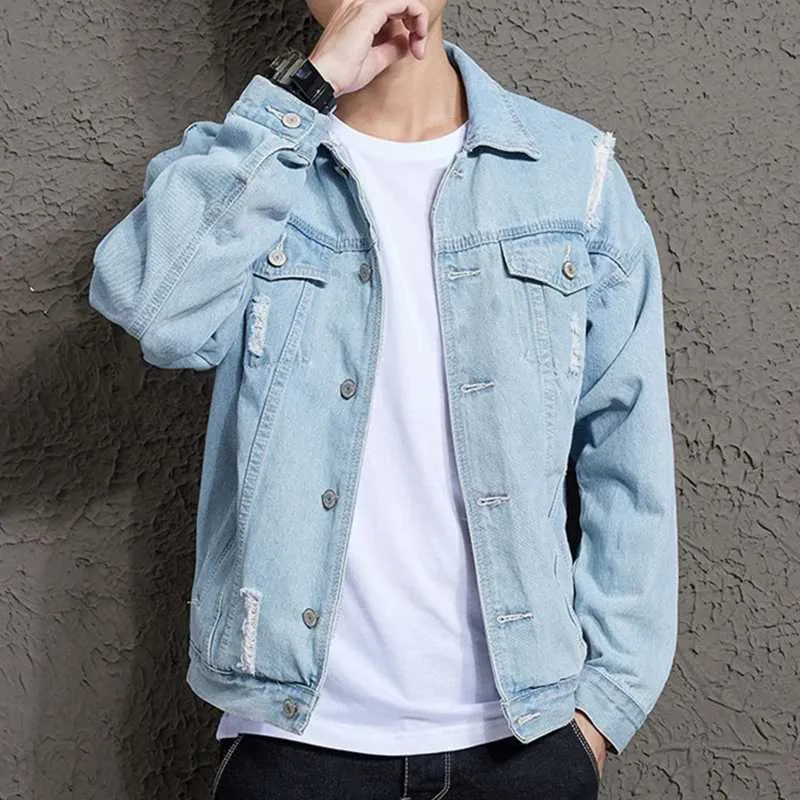 Mens Distressed Denim Jacket - Casual, Loose Fit, Ripped