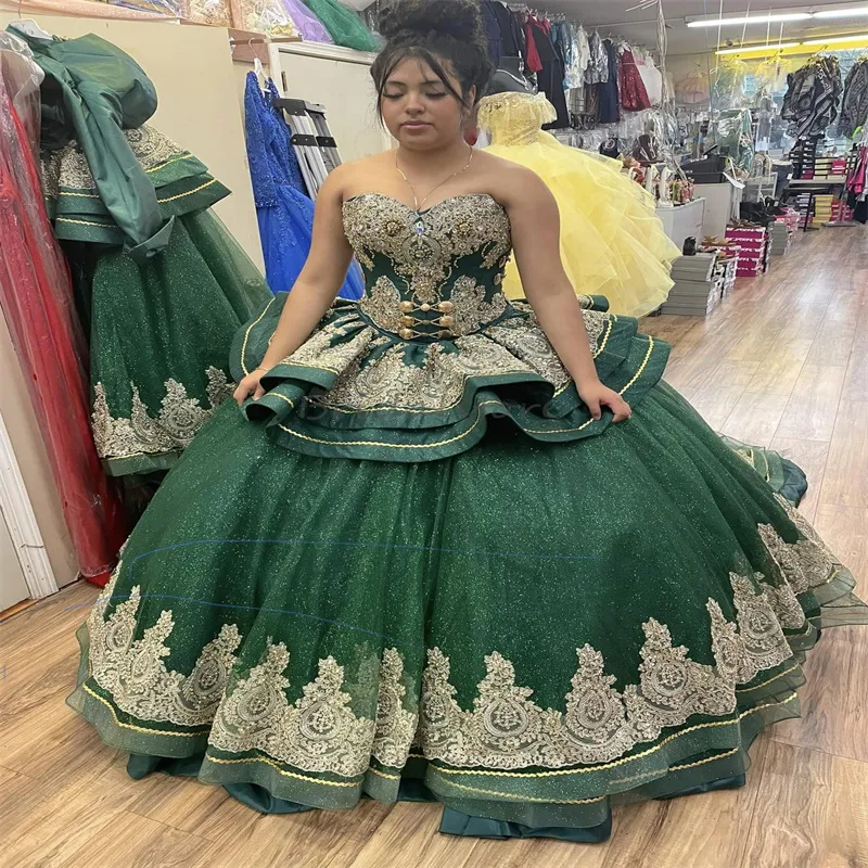 Princess Mexican Charro Quinceanera Dress 2025 Green Sparkly Puffy Sixteen Birthday Gown Vintage Vestidos de 15 Anos Tiered Ruffles Sweet 16 Party
