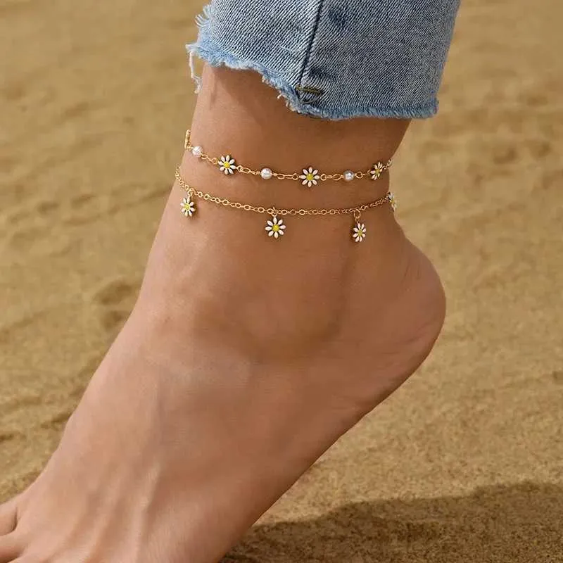 Save Big on Bulk Floral Anklet Anklets For Women: 3PCS Daisy Flower Anklet  Bracelet For Women, White Pearl Chain Women's Anklets, Boho Gold Color Cute 