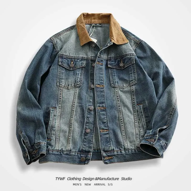 Men's Plus Size Corduroy Patchwork Denim Jacket - Casual Workwear