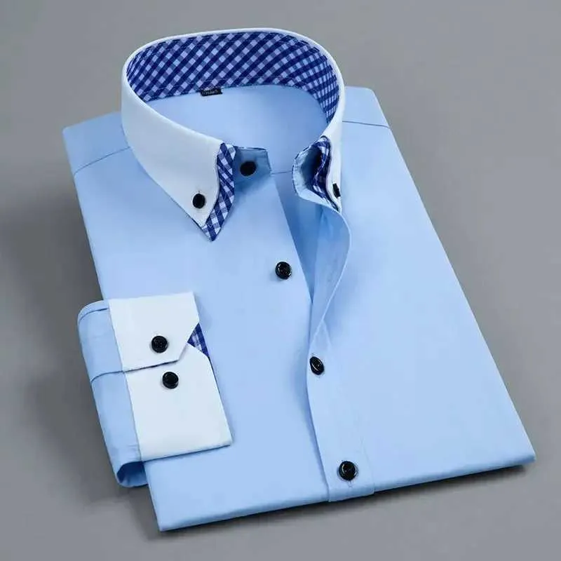 Men's Double-Layer Ironless Long Dress - Business Formal in White and Blue - Fashionable and Comfortable Social office shirts for men (CL240926)
