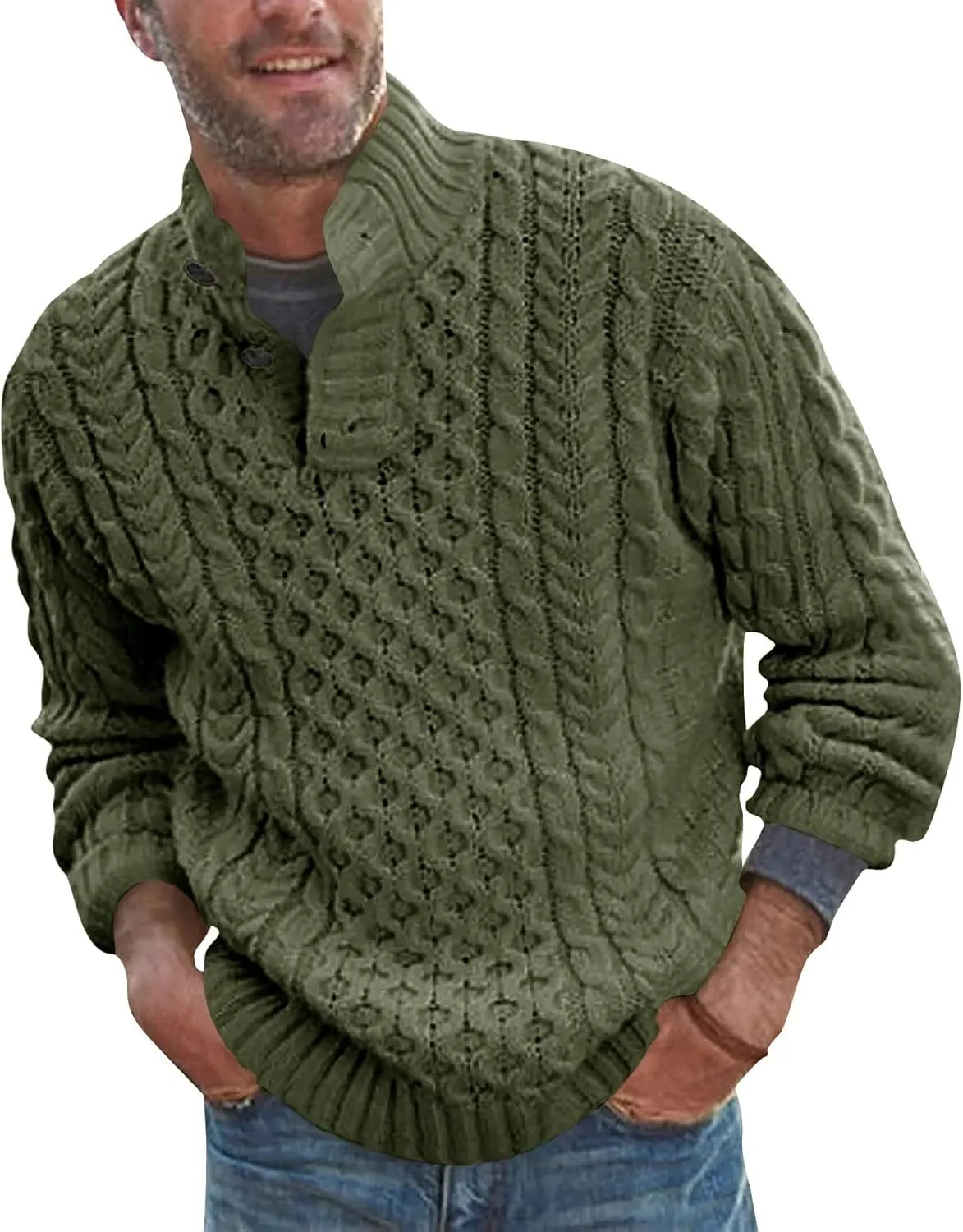 Mens High Collar Sweater Twisted Knit Pullover, Long Sleeve