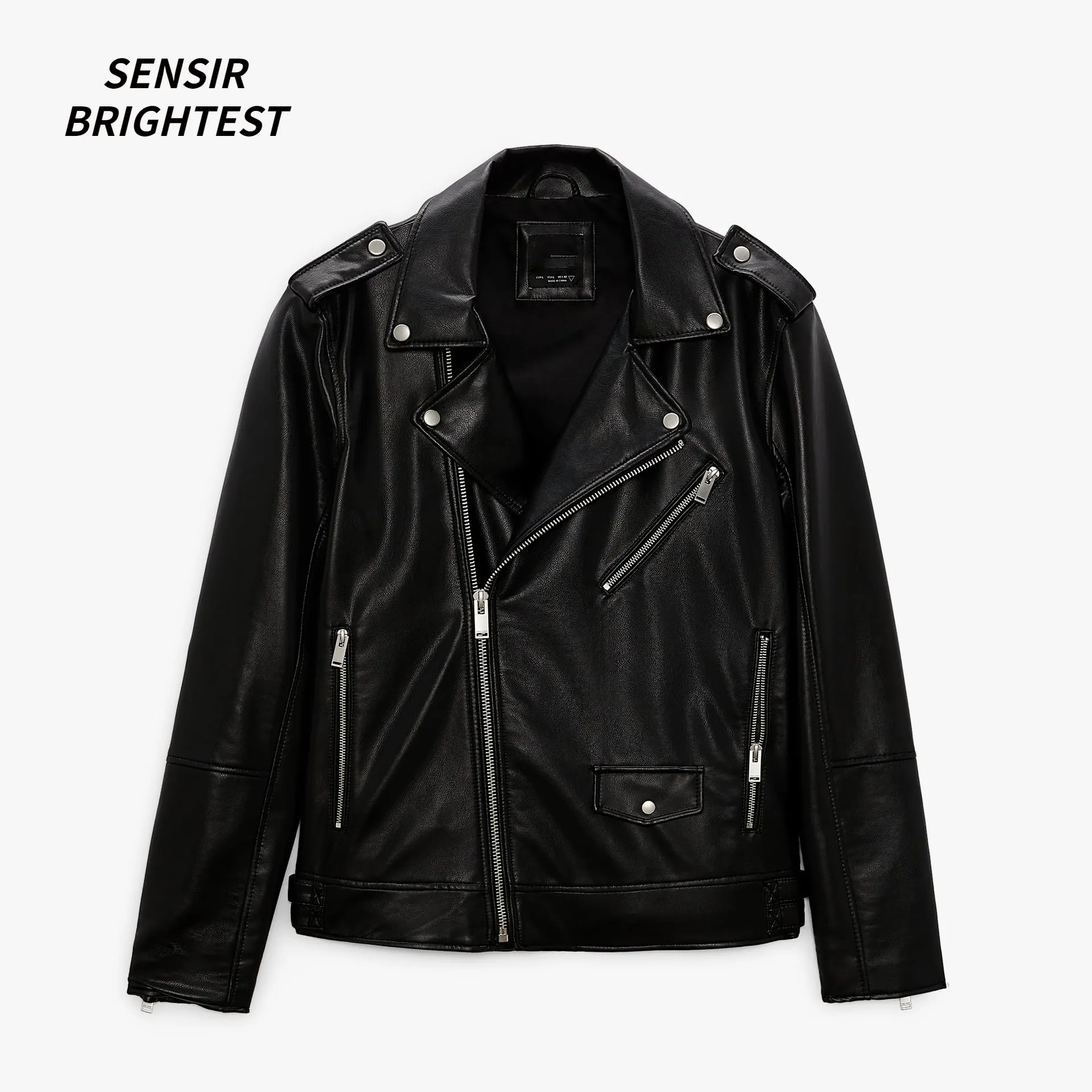 SENSIR BRIGHTTEST Black Slim Fit Biker Jacket With From