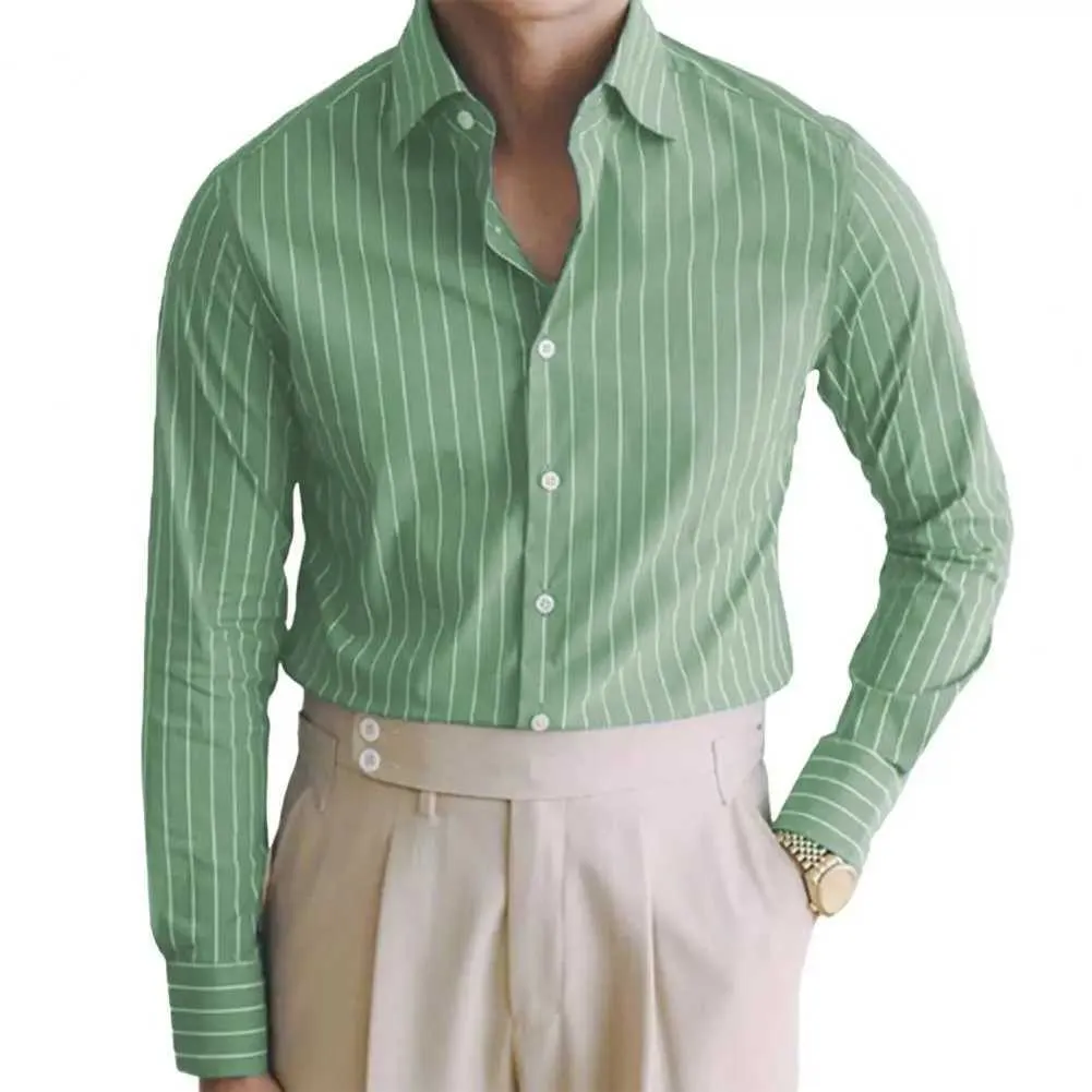 Men's Striped Printed Single Breasted Green Button Up Shirt - Long Button, Ultra-Thin, Medium Length for Formal Business - Spring/Autumn CL240926