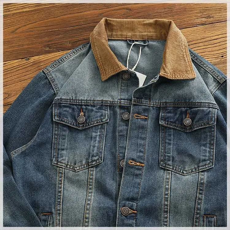 Men's Plus Size Corduroy Patchwork Denim Jacket - Casual Workwear