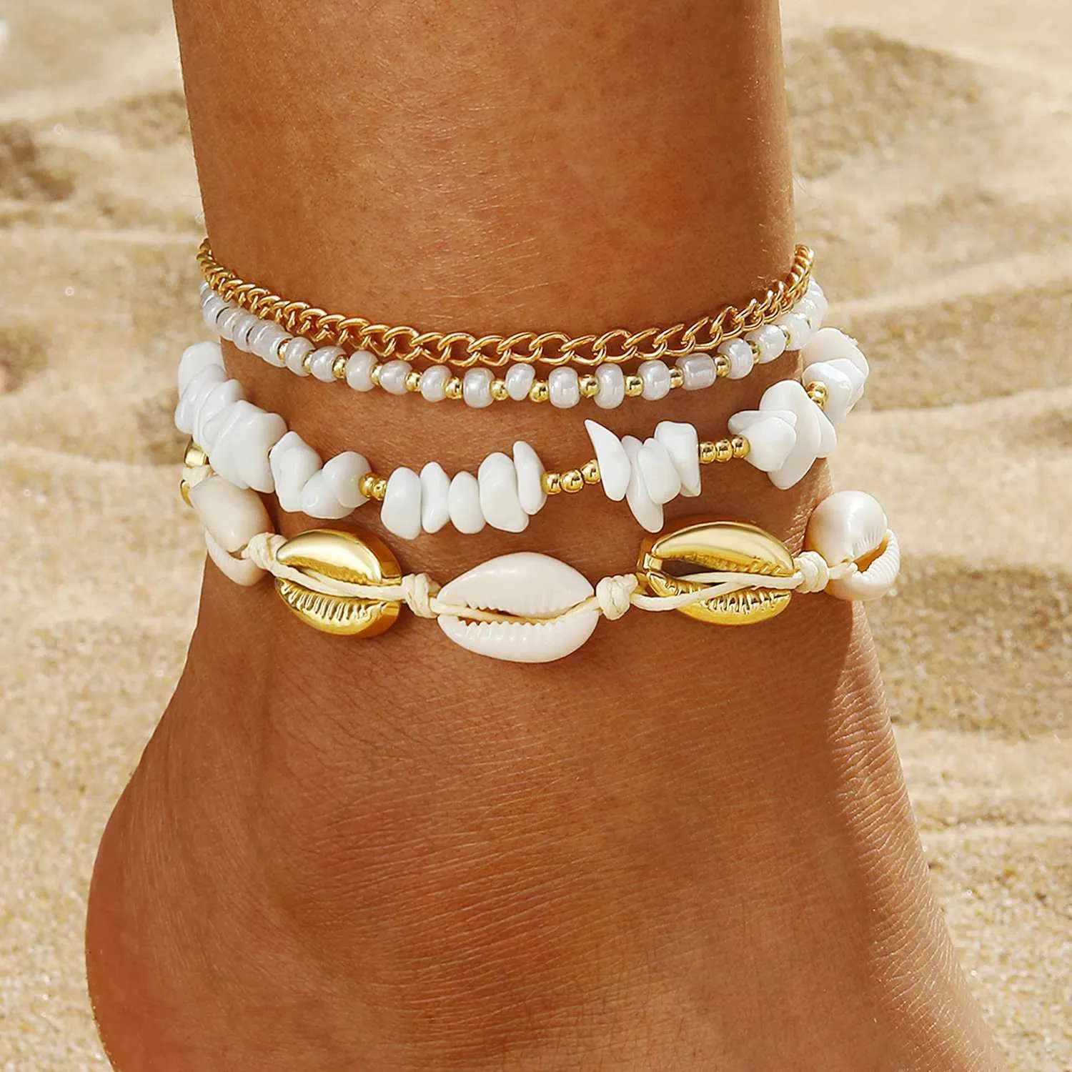 Save Big on Bulk Beach Ankle Bracelet Gold Anklet Set: 3PCS Seaside Style  Ankle Bracelet For Women With White Stone Gold Beads Fashionable Leg