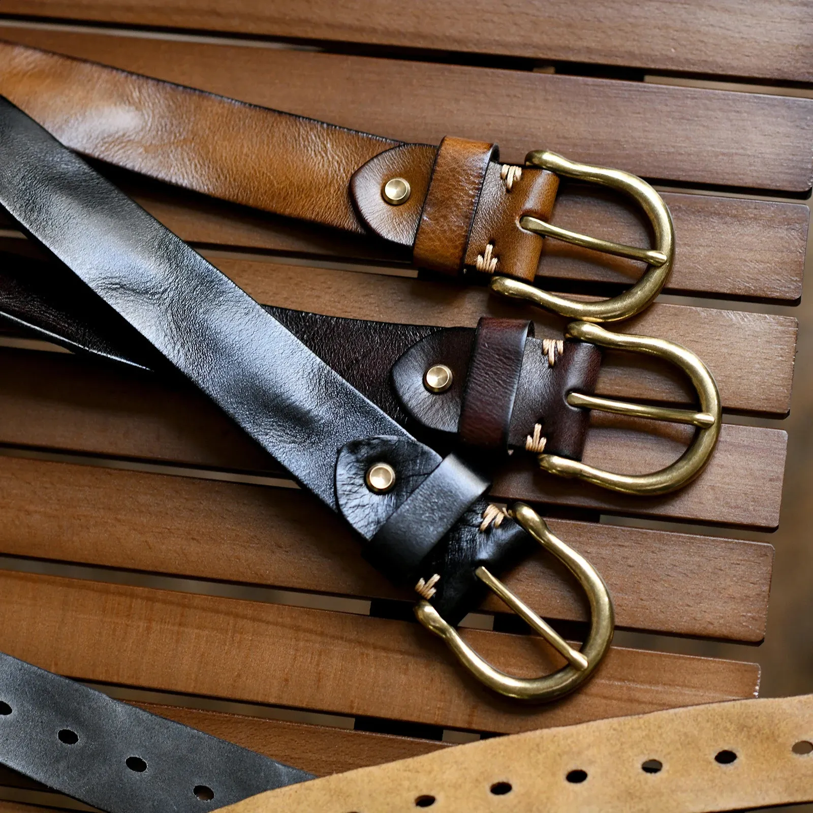240925 Handmade Pure Copper Horseshoe Buckle Denim Belt 