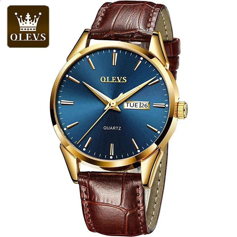 OLEVS Mens Breathable Leather Waterproof Luminous Quartz Wrist