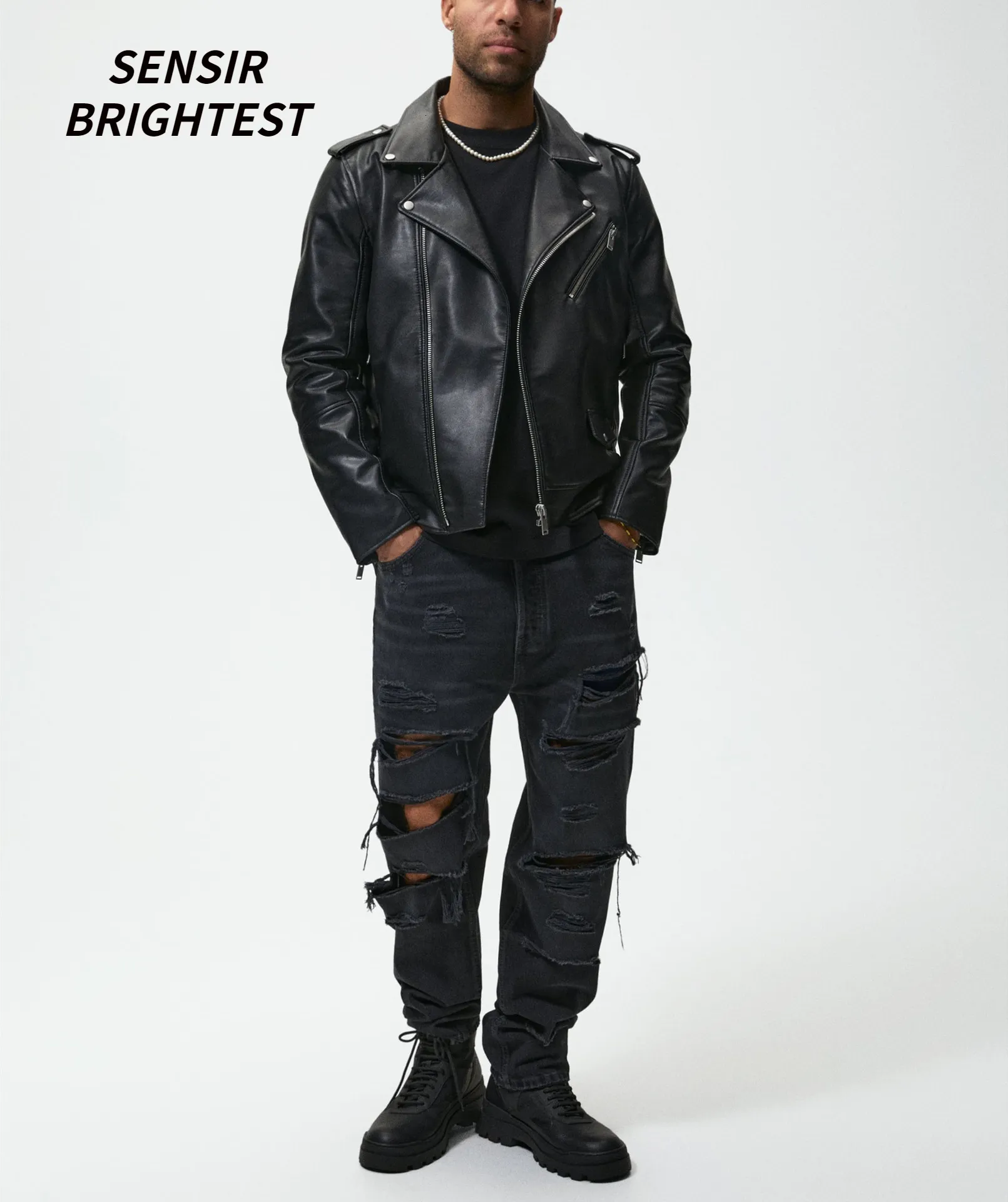 SENSIR BRIGHTTEST Black Slim Fit Biker Jacket With From