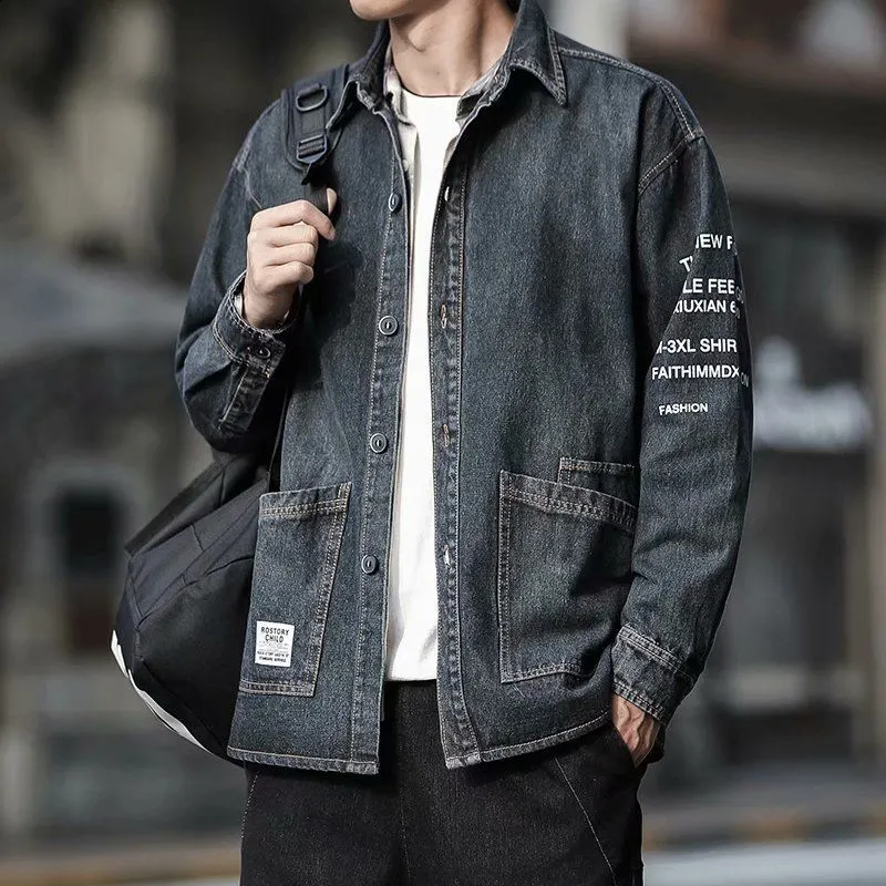 Korean Clown Fashion Mens Denim Waxed Trucker Jacket And Patchwork  