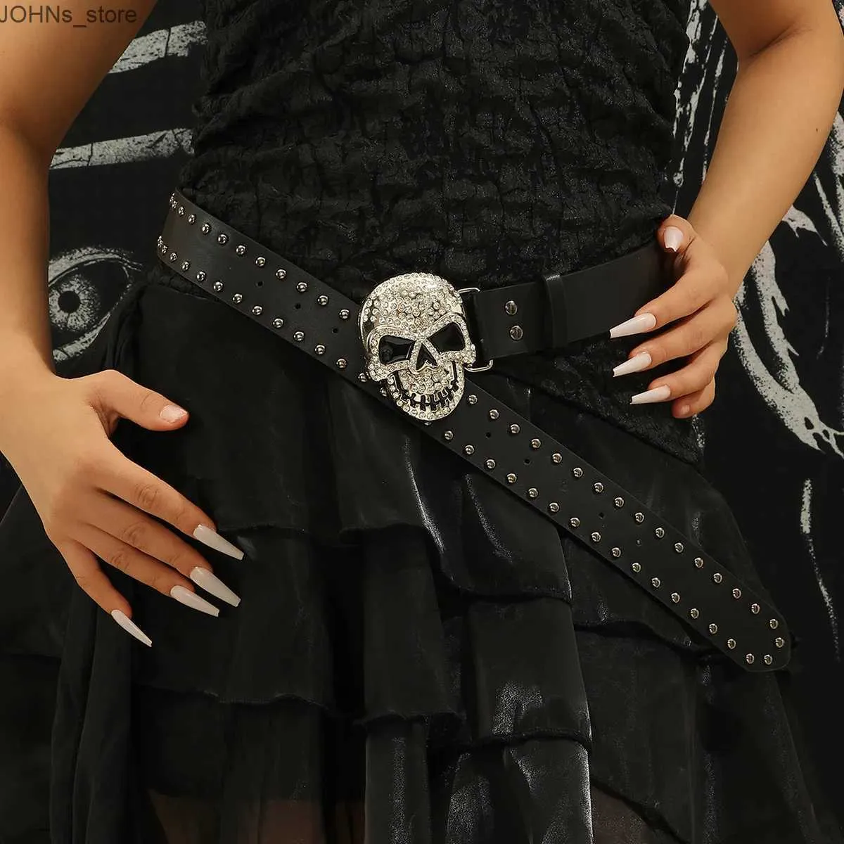 Sparkling Rhinestone Skull Rivet PU Leather Belt for Women