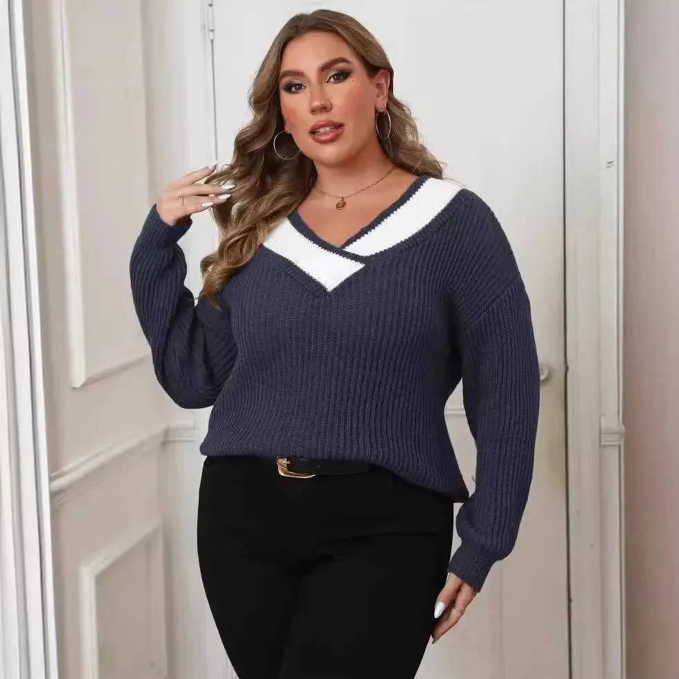 Casual Patchwork Contrast V Neck Sweaters Casual Patchwork Contrast V Neck Sweaters