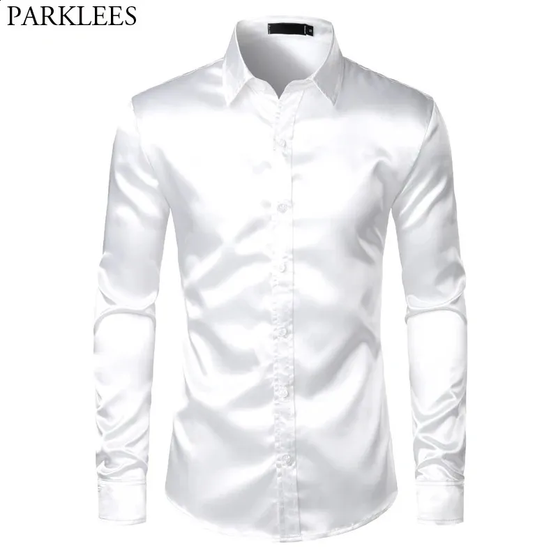 White Silk Satin Tuxedo Shirt Men Long Sleeve Fitted Mens Dress
