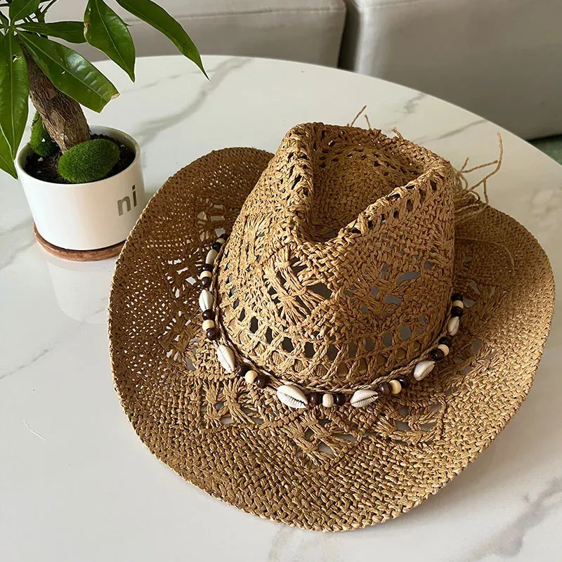 Vintage Cowboy Style Sunhat with Bow and Wooden Bead Accents Boho Western Straw Cowboy Hat – Shell & Wooden Bead Sun Hat  main image 3