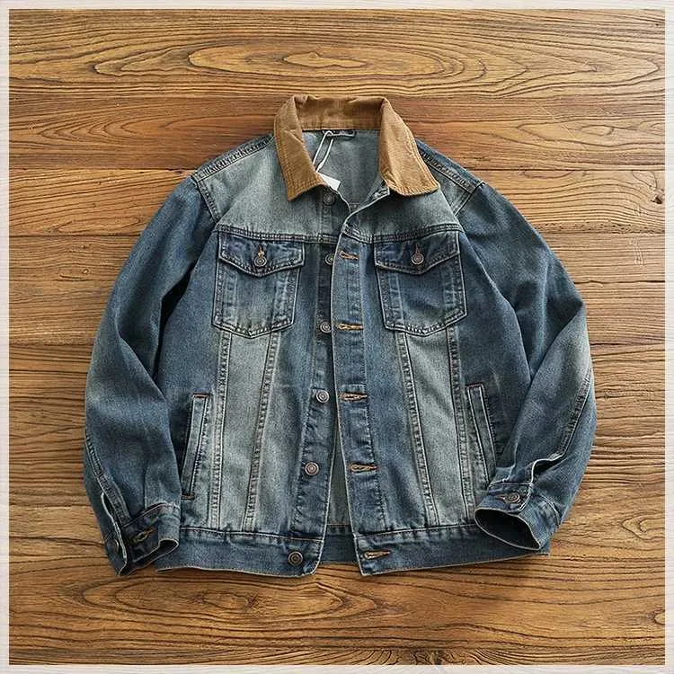 【M】 corduroy patchwork denim jacket Men's Plus Size Corduroy Patchwork Denim Jacket - Casual Workwear