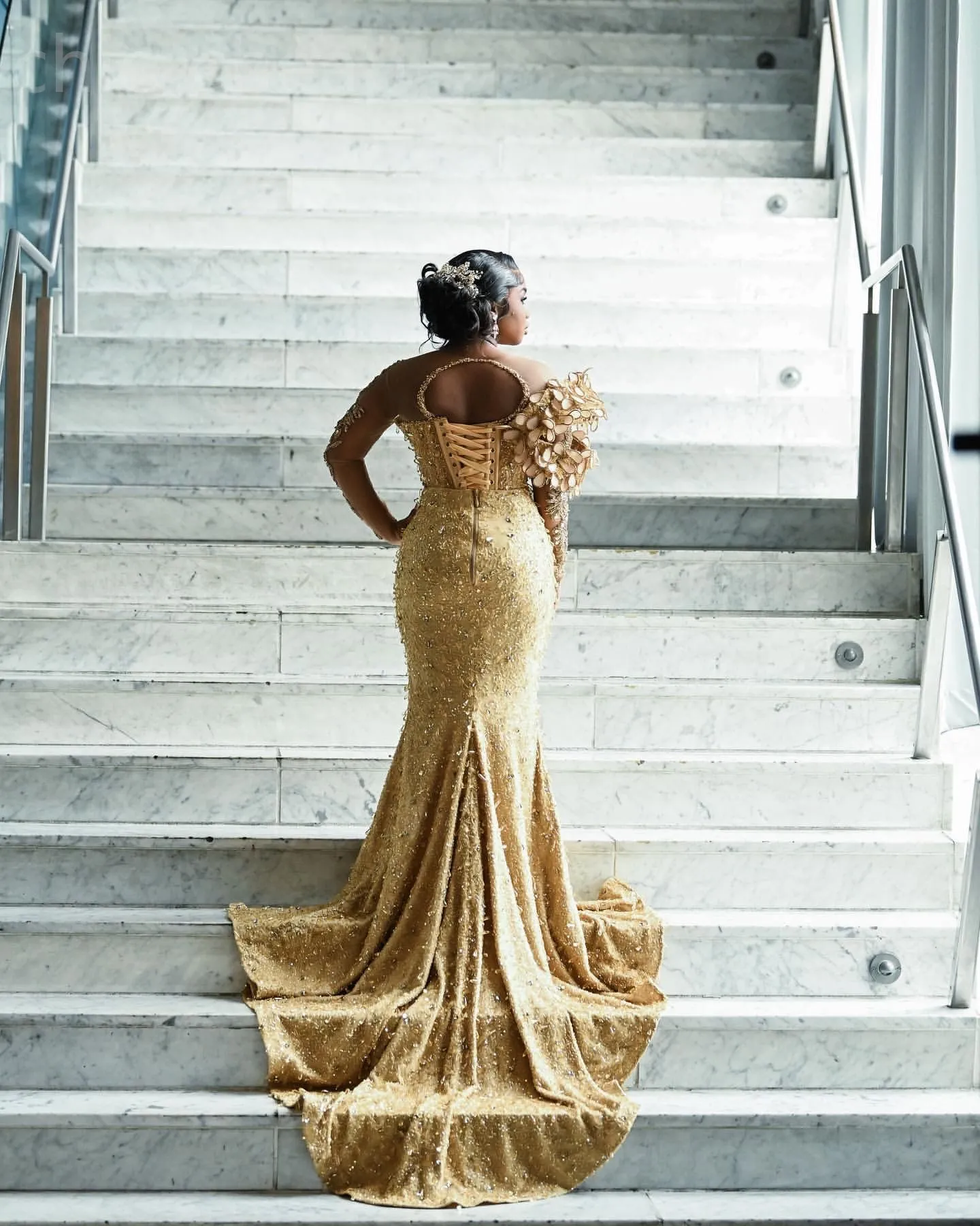 Gold Mermaid Prom Dress with Crystal Beaded Flowers Lace-Up Back Sweep  Train from Dhgate Prom Dresses - price 476.39