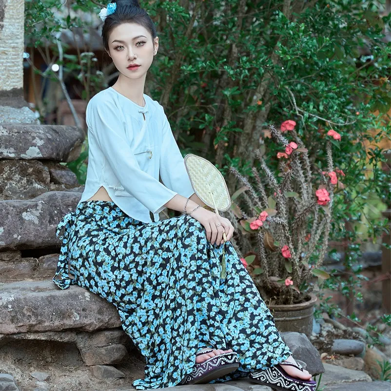 Thai Traditional Clothing for Women - Ethnic Blouse, Top, and Skirt Dress for Ly Welcome and Work Uniform in Restaurant Hotel