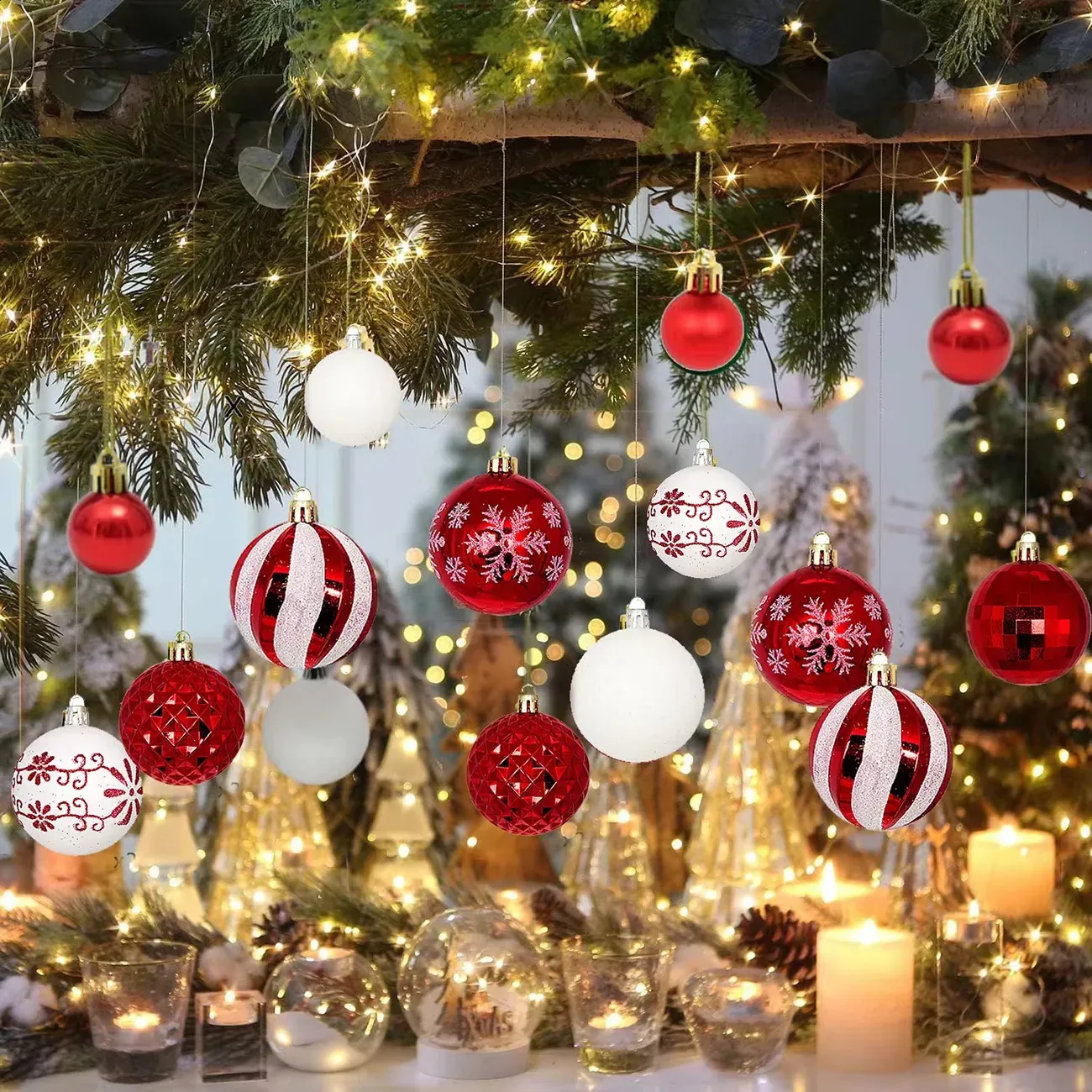 Bolas De Navidad Irrompibles - Pack De 16 Piezas De 6 Cm, Rojo Y Blanco, Con Cuerda Para Árbol O Decoración
