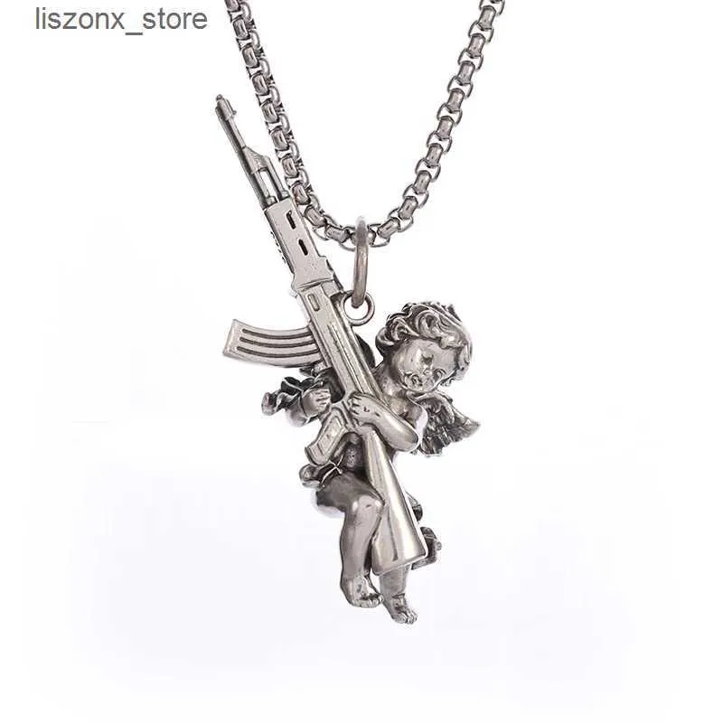 Guardian Angel Pendant Necklace, Gun Pendant Statement Pendant Necklace  Featuring Peace and War Design, AK47 Necklace, Fashion Street Punk Hip Hop 