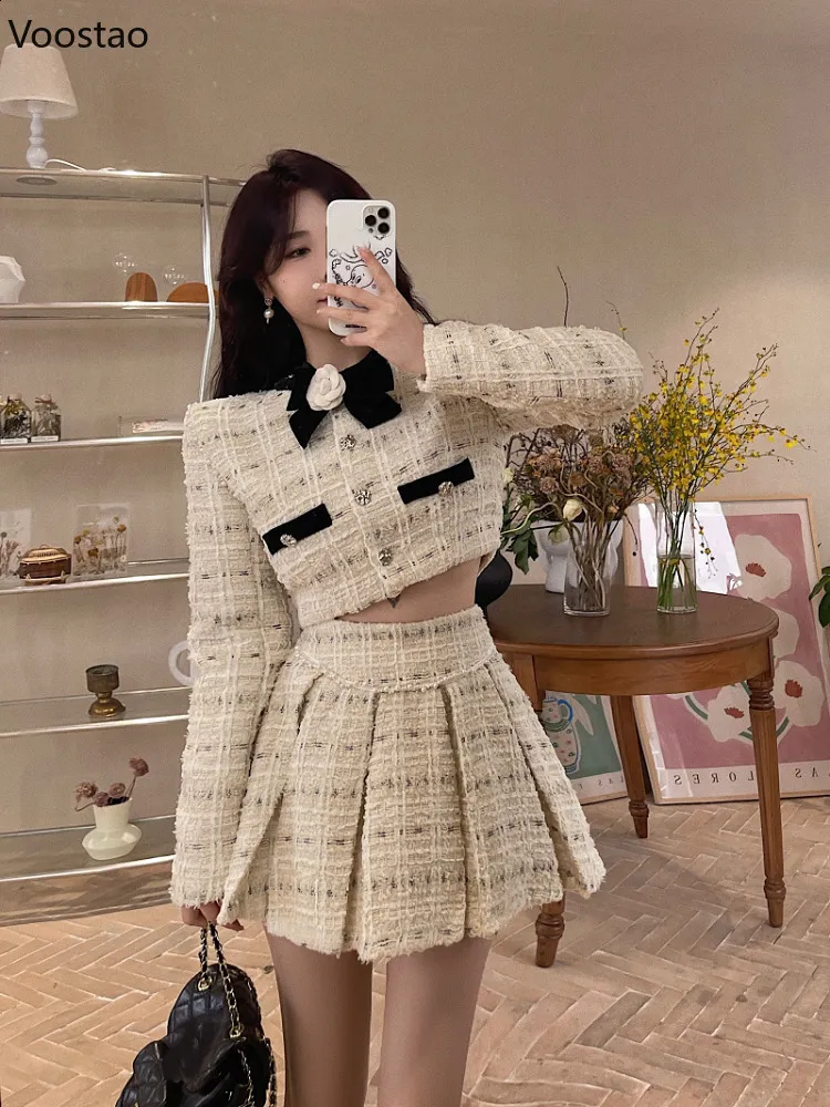 Womens Tweed Skirt Suit - Elegant Bow Jacket & Mini Skirt