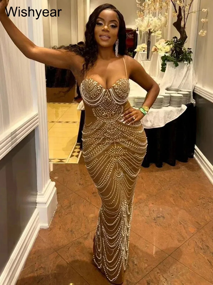 Sparkling Crystal Water Diamond Pearl Brown Evening Dress For