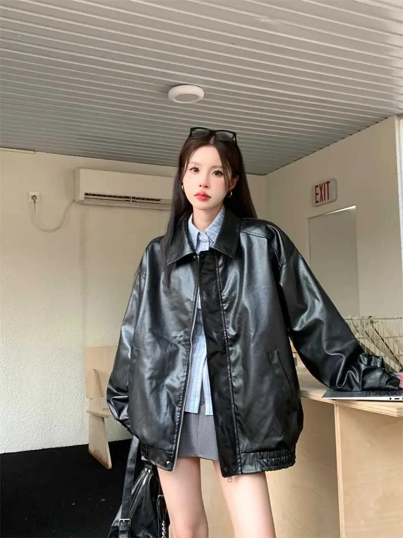 Retro Solid Color Women's Artificial Leather Loose