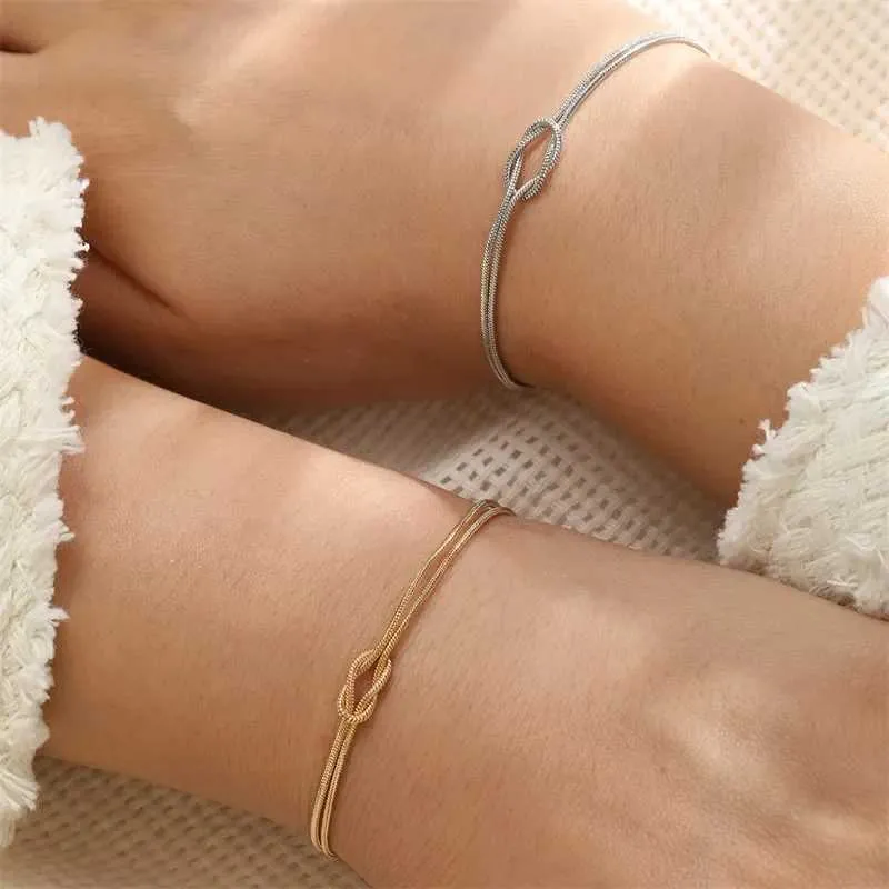 Couple Bracelet Set Simple Metal Love Knot Snake Chain Bracelets